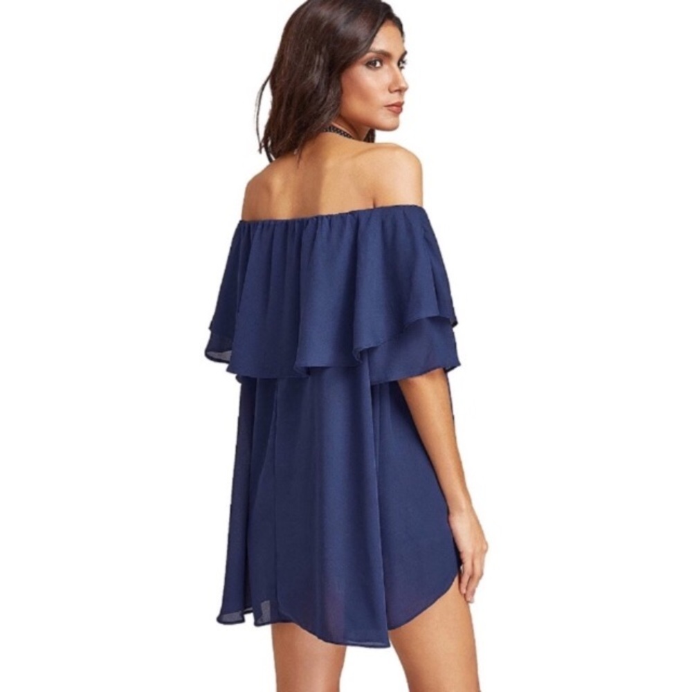Off Shoulder Ruffled Overlay Tunic Blouse Navy - Picture 3 of 7